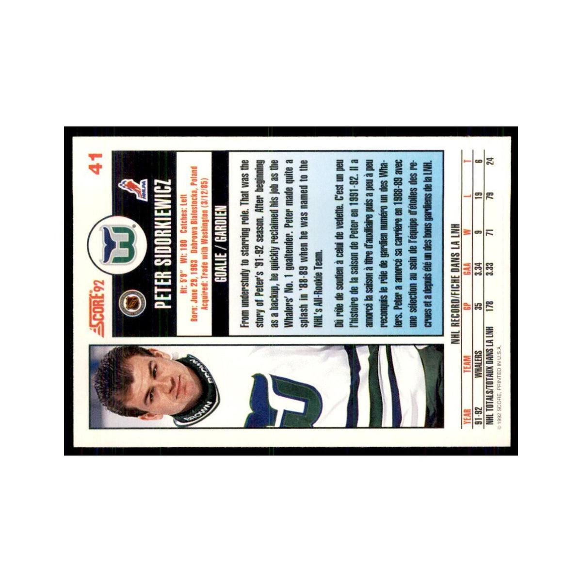 1992 Score Canadian Peter Sidorkiewicz Hartford Whalers #41