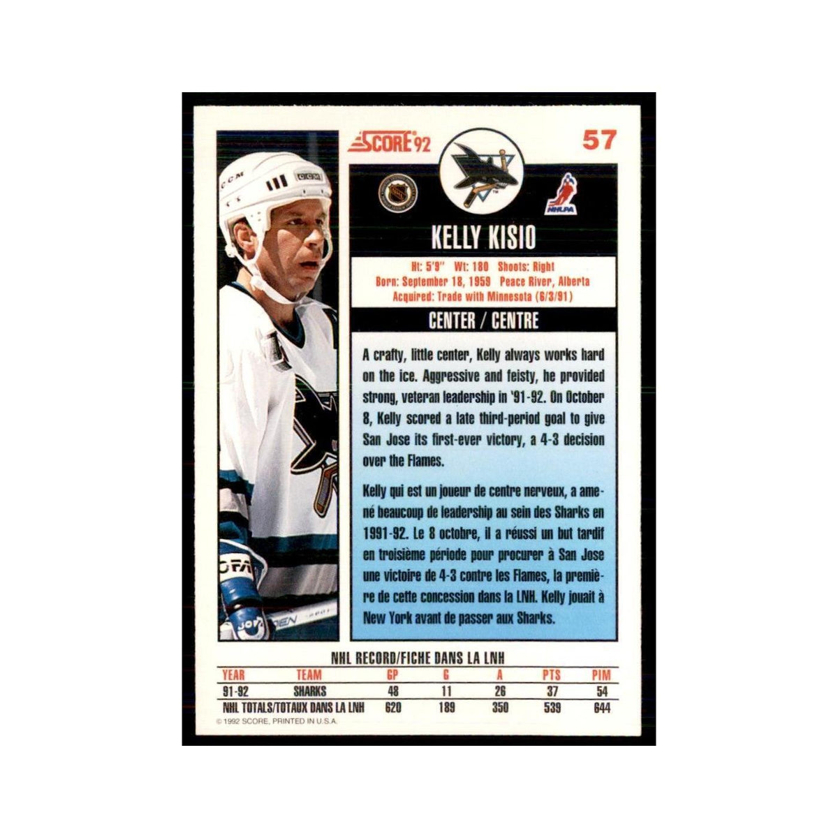 1992 Score Canadian Kelly Kisio San Jose Sharks #57