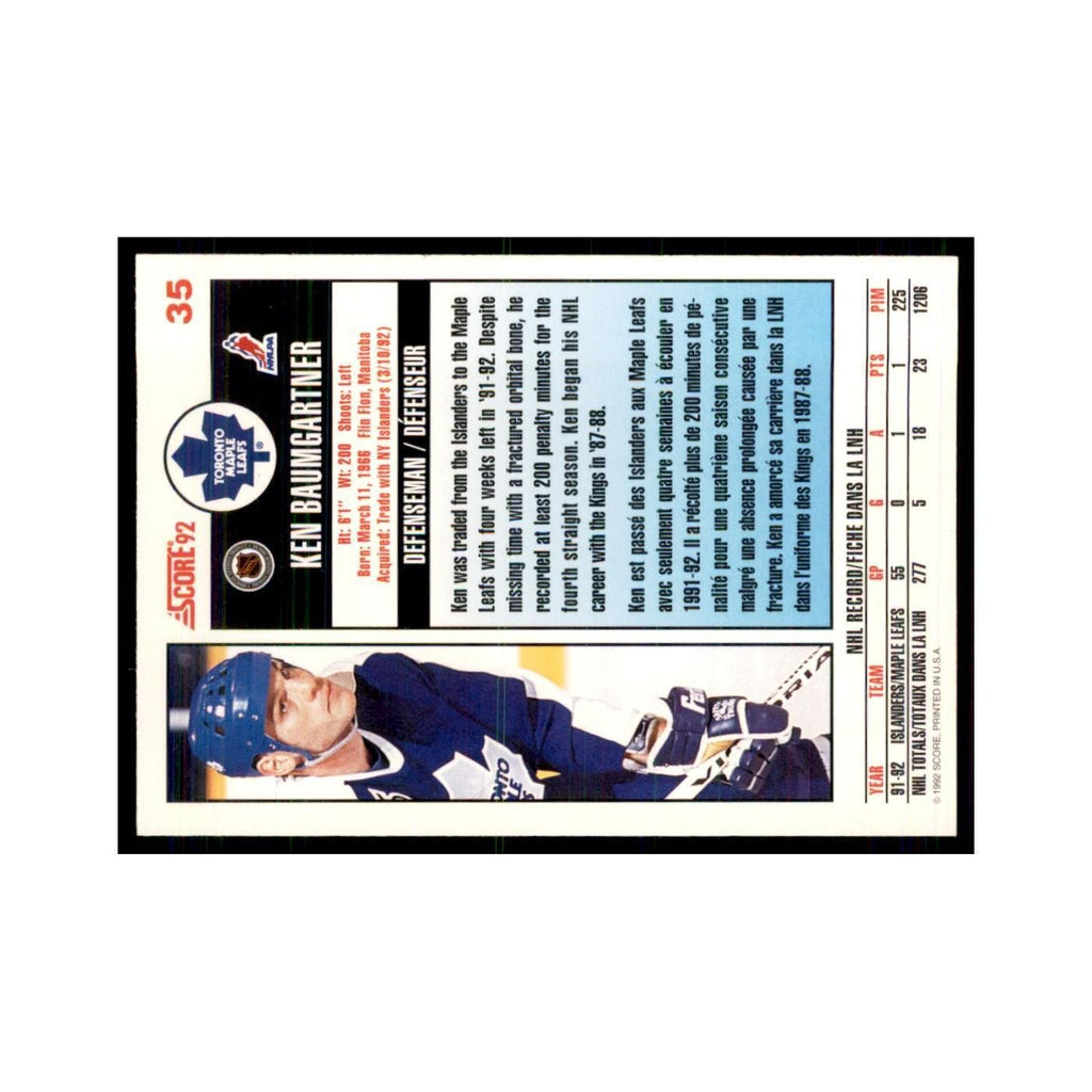 1992 Score Canadian Ken Baumgartner Toronto Maple Leafs #35
