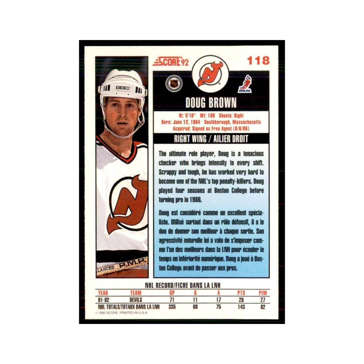 1992 Score Canadian Doug Brown New Jersey Devils #118