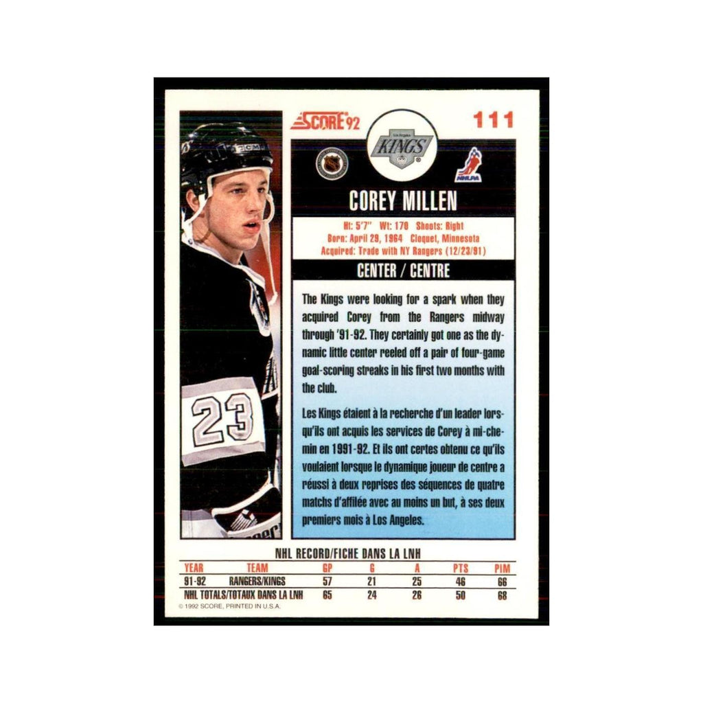 1992 Score Canadian Corey Millen Los Angeles Kings #111