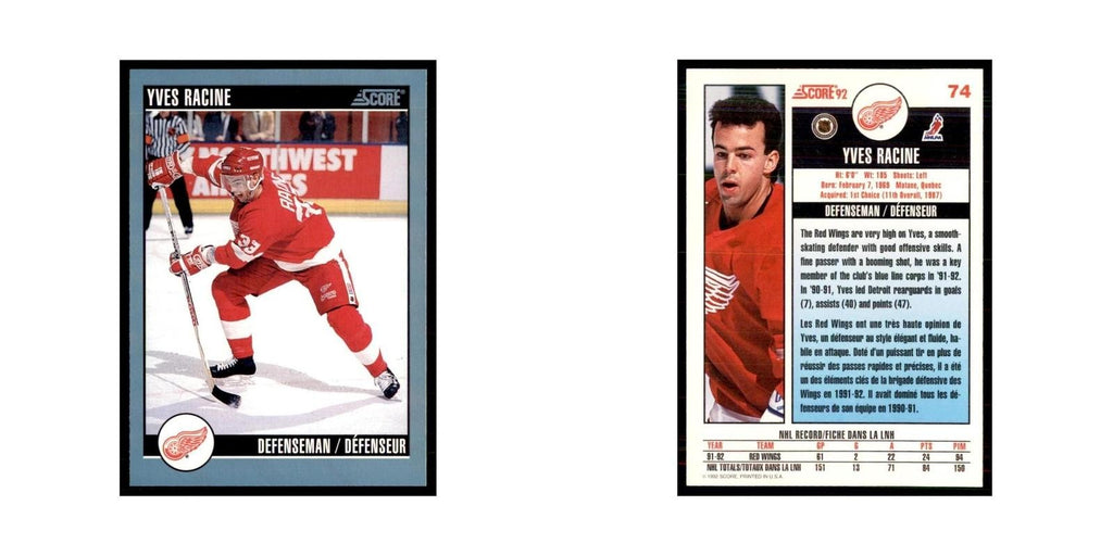 1992 Score Canadian Yves Racine Detroit Red Wings #74
