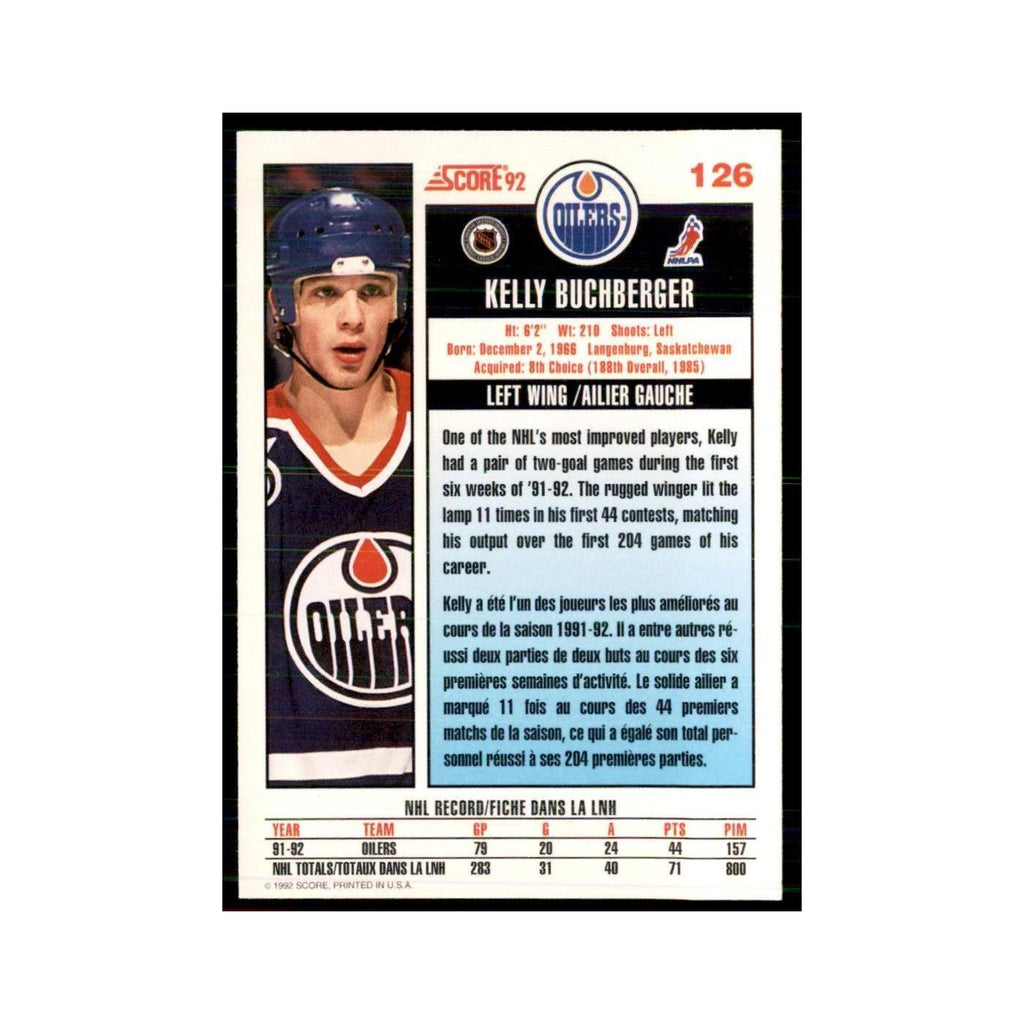 1992 Score Canadian Kelly Buchberger Edmonton Oilers #126