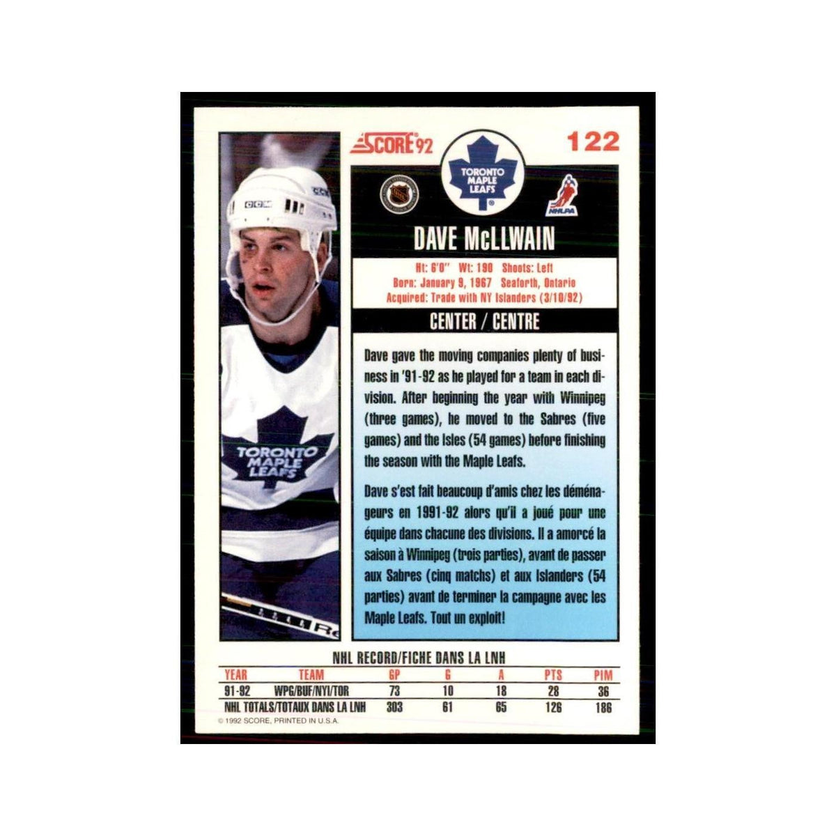 1992 Score Canadian Dave McLlwain Toronto Maple Leafs #122