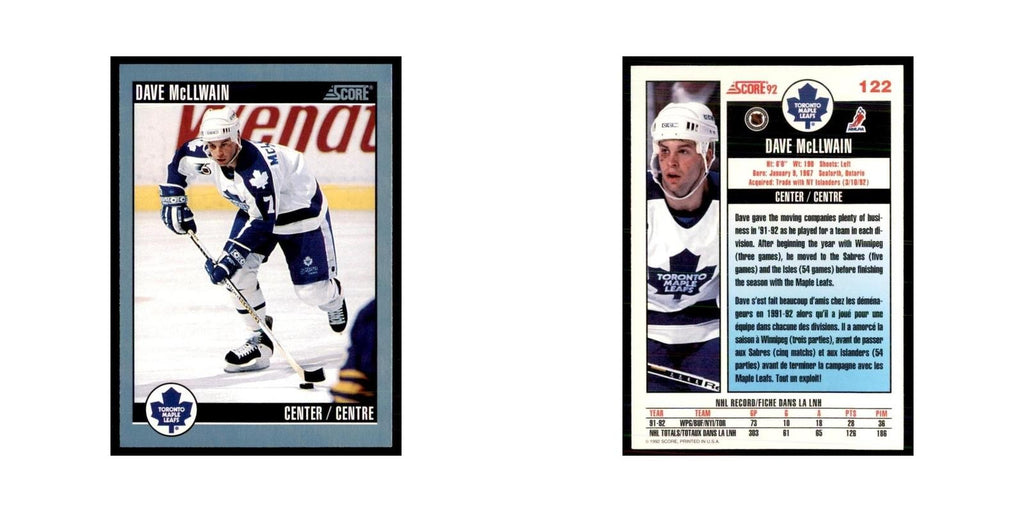 1992 Score Canadian Dave McLlwain Toronto Maple Leafs #122