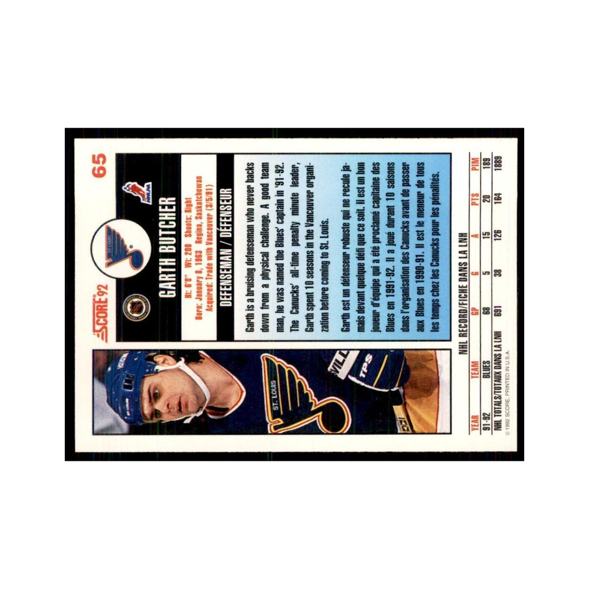 1992 Score Canadian Garth Butcher St. Louis Blues #65