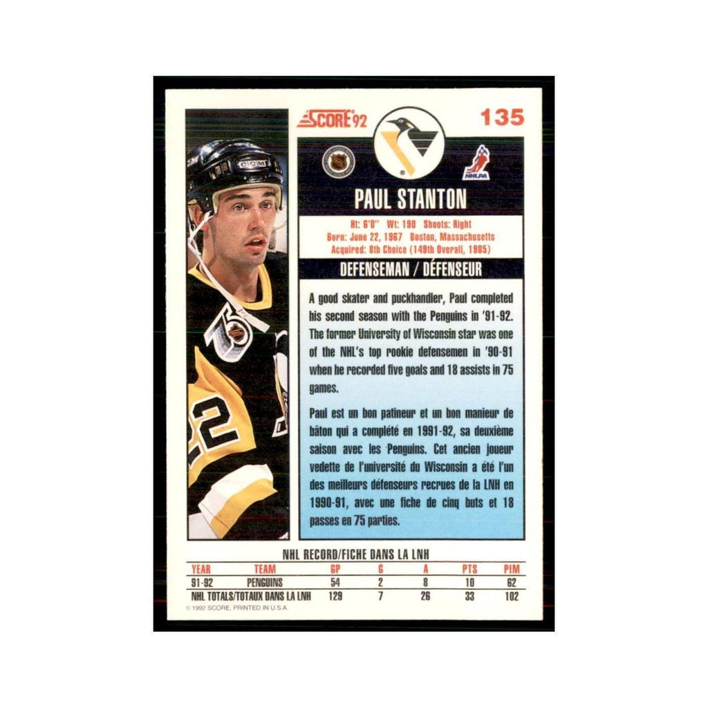 1992 Score Canadian Paul Stanton Pittsburgh Penguins #135