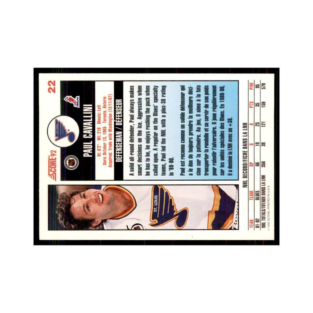 1992 Score Canadian Paul Cavallini St. Louis Blues #22