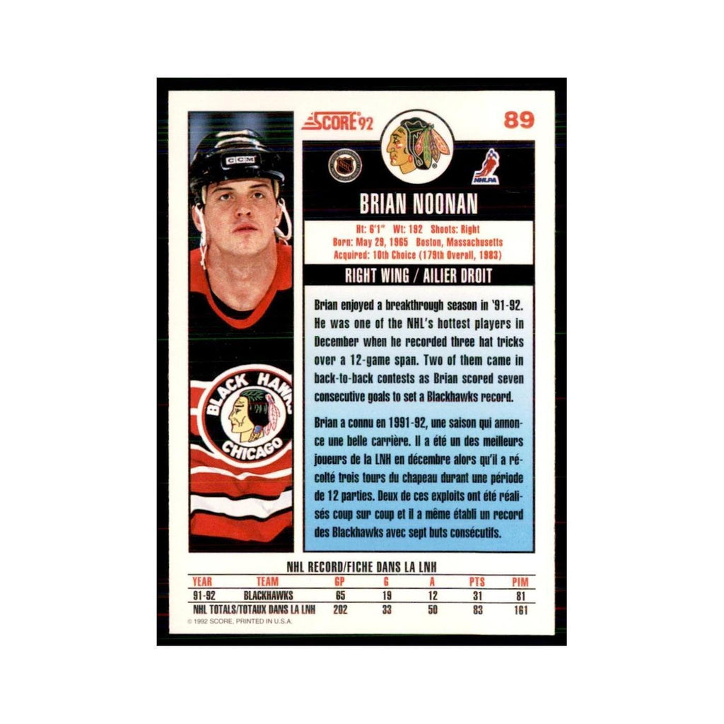 1992 Score Canadian Brian Noonan Chicago Blackhawks #89