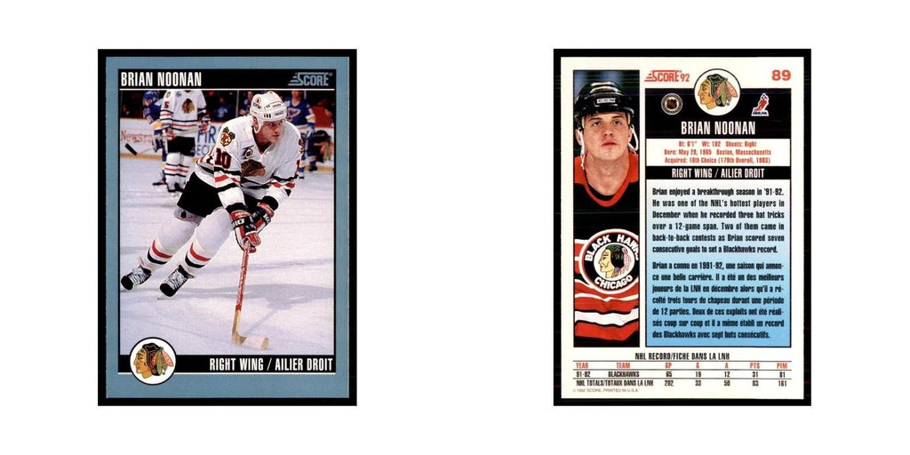 1992 Score Canadian Brian Noonan Chicago Blackhawks #89