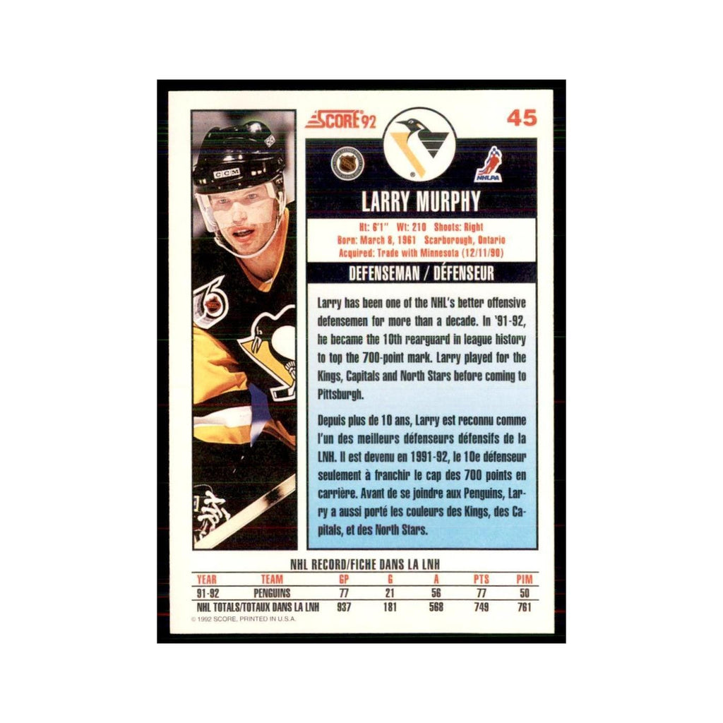 1992 Score Canadian Larry Murphy Pittsburgh Penguins #45
