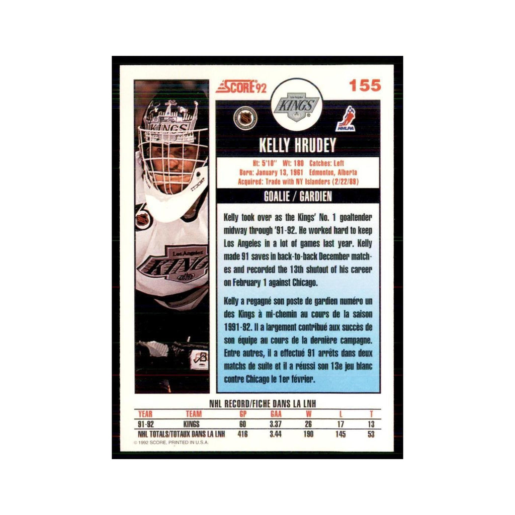 1992 Score Canadian Kelly Hrudey Los Angeles Kings #155