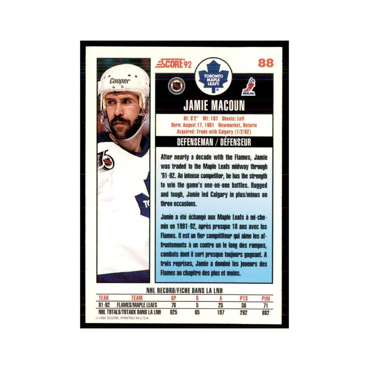 1992 Score Canadian Jamie Macoun Toronto Maple Leafs #88