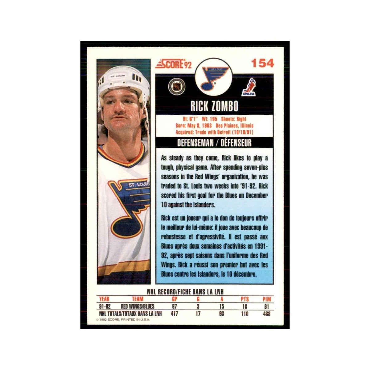 1992 Score Canadian Rick Zombo St. Louis Blues #154