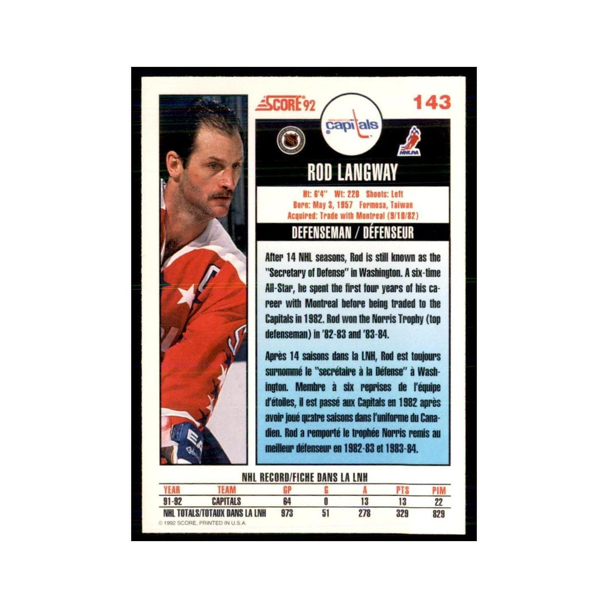1992 Score Canadian Rod Langway Washington Capitals #143