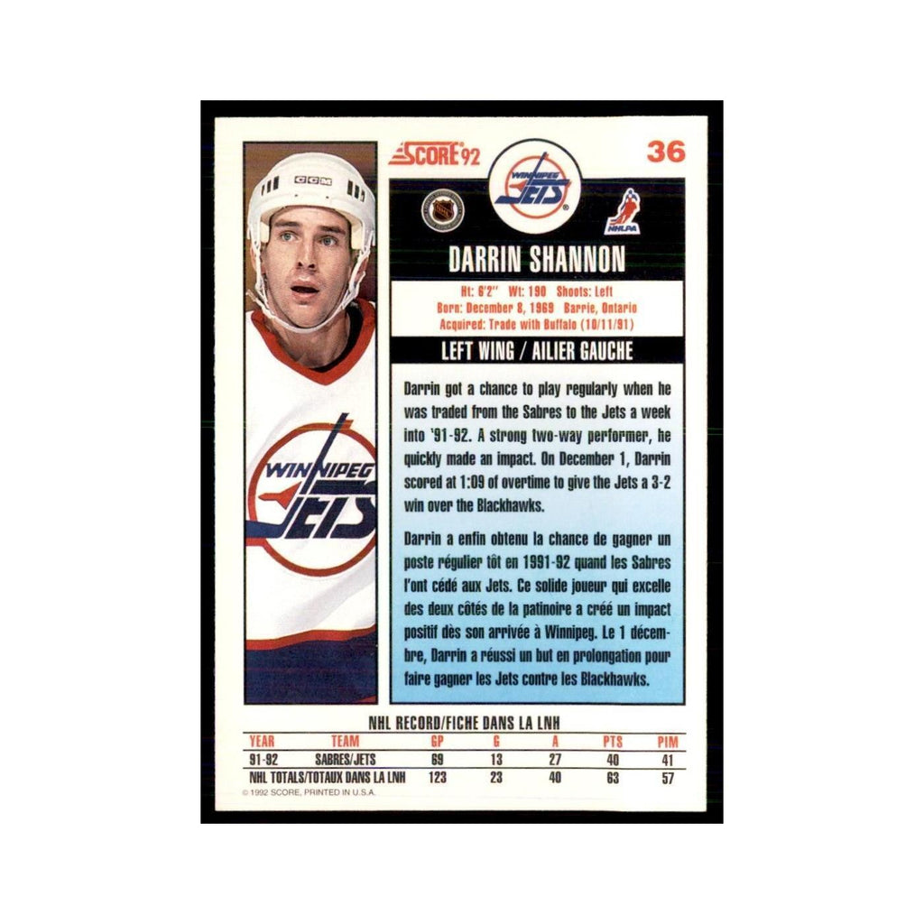 1992 Score Canadian Darrin Shannon Winnipeg Jets #36