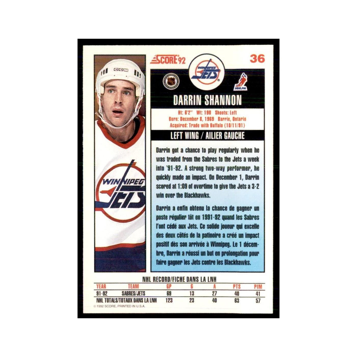 1992 Score Canadian Darrin Shannon Winnipeg Jets #36