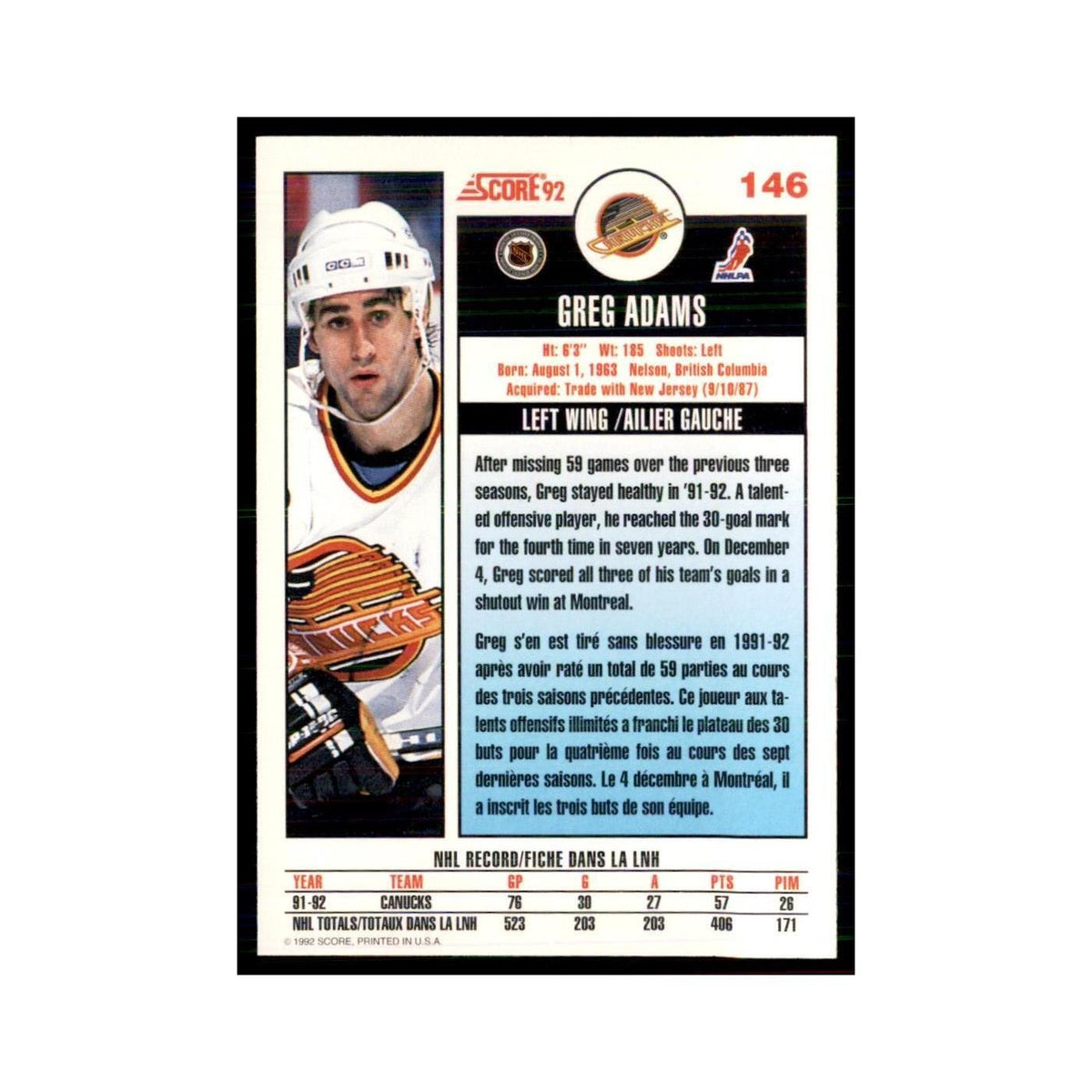 1992 Score Canadian Greg Adams Vancouver Canucks #146