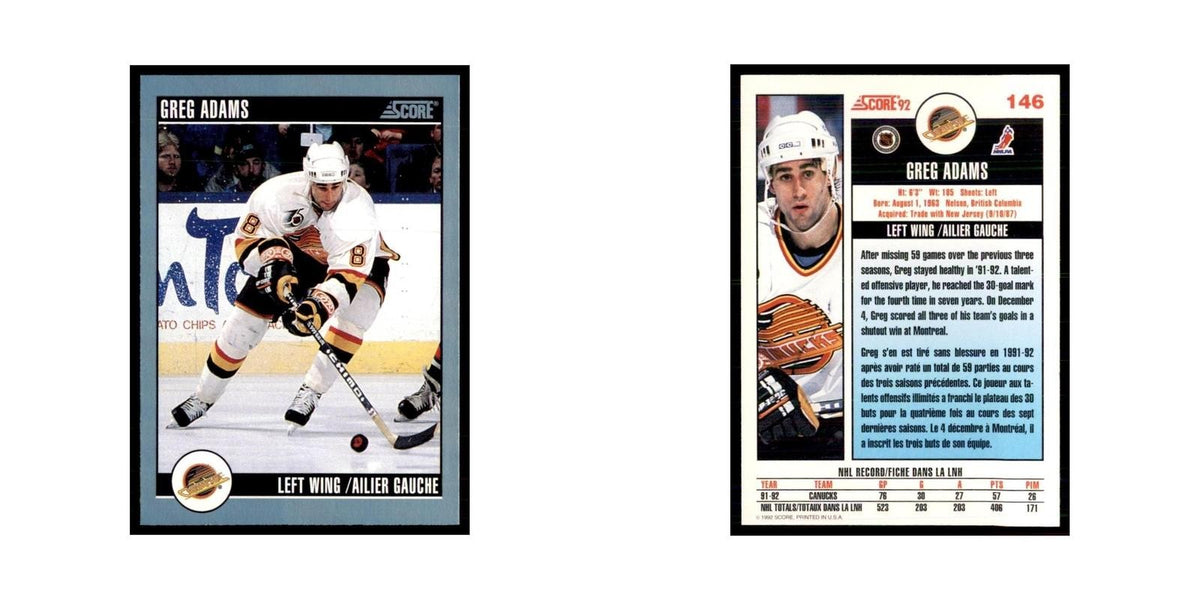 1992 Score Canadian Greg Adams Vancouver Canucks #146