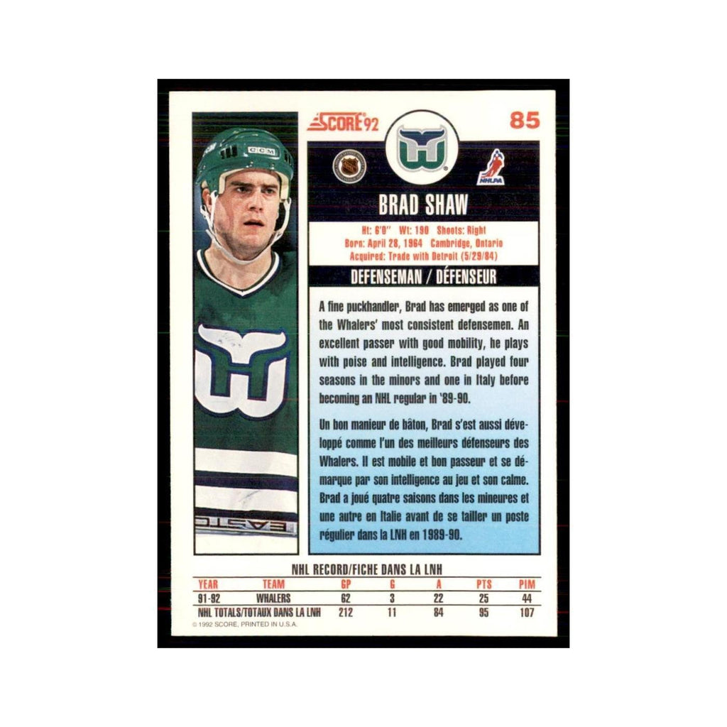 1992 Score Canadian Brad Shaw Hartford Whalers #85