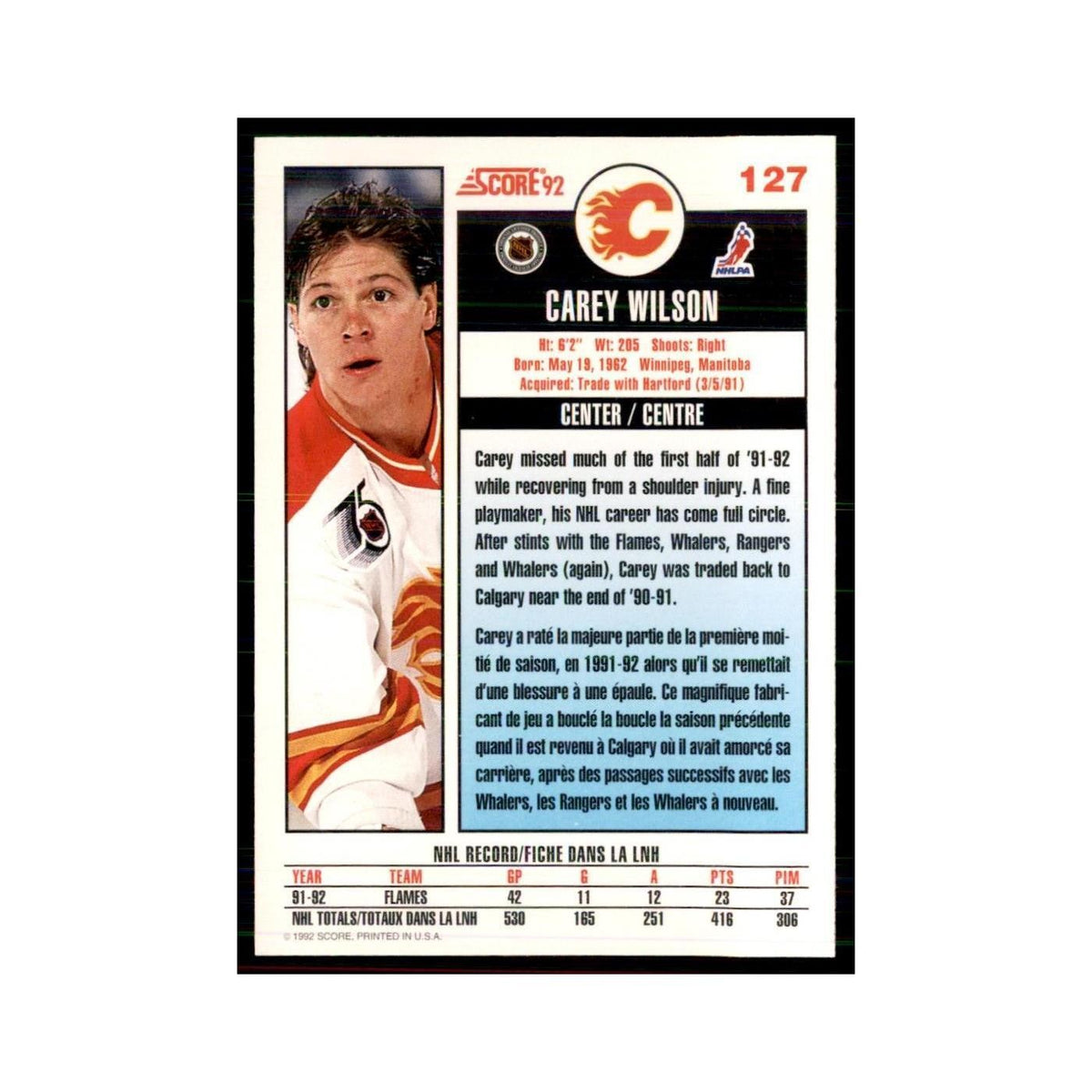 1992 Score Canadian Carey Wilson Calgary Flames #127
