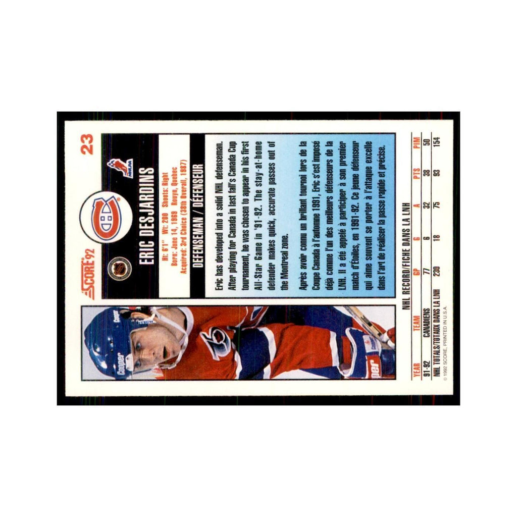 1992 Score Canadian Eric Desjardins Montreal Canadiens #23