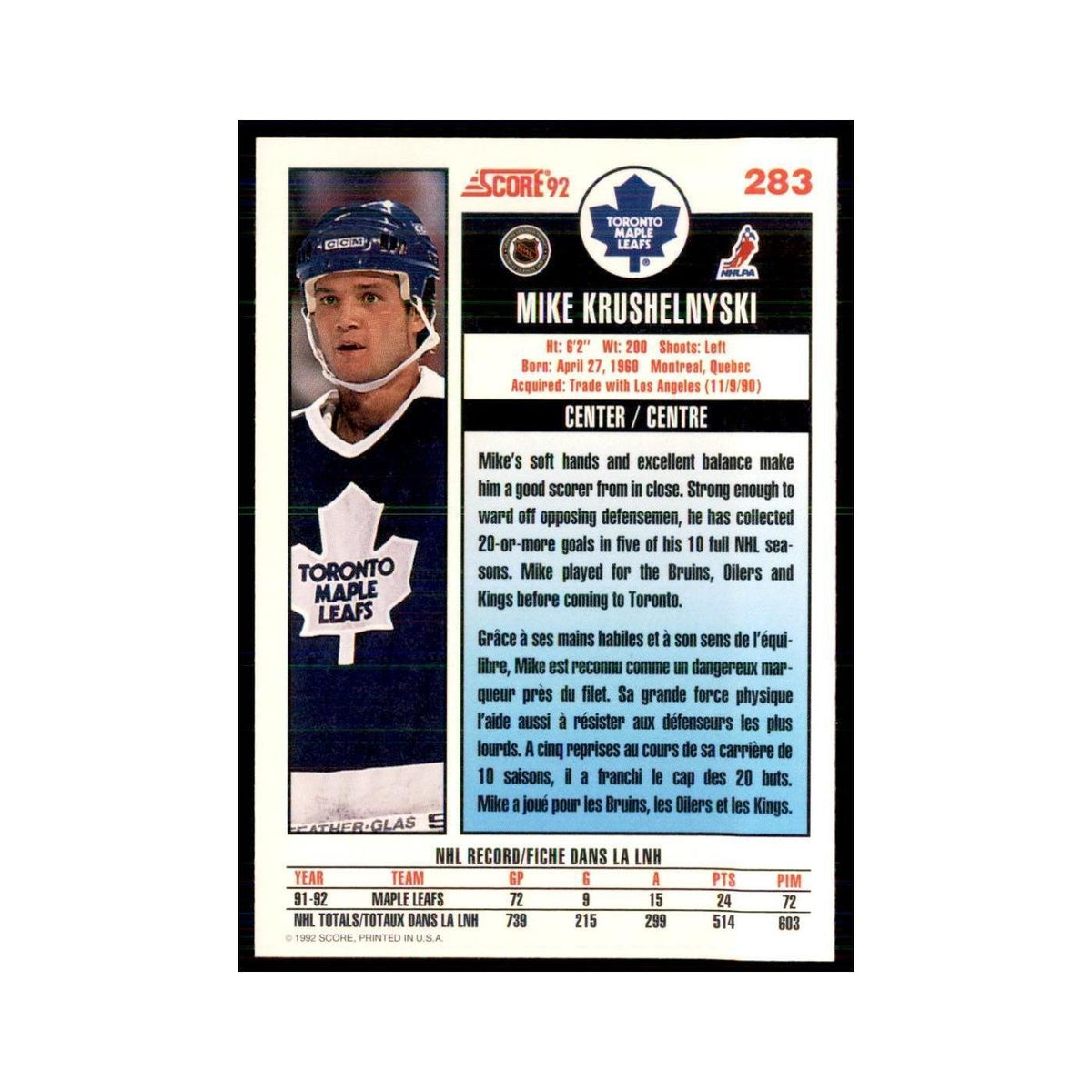 1992 Score Canadian Mike Krushelnyski Toronto Maple Leafs #283
