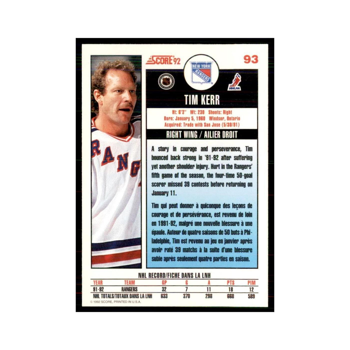 1992 Score Canadian Tim Kerr New York Rangers #93