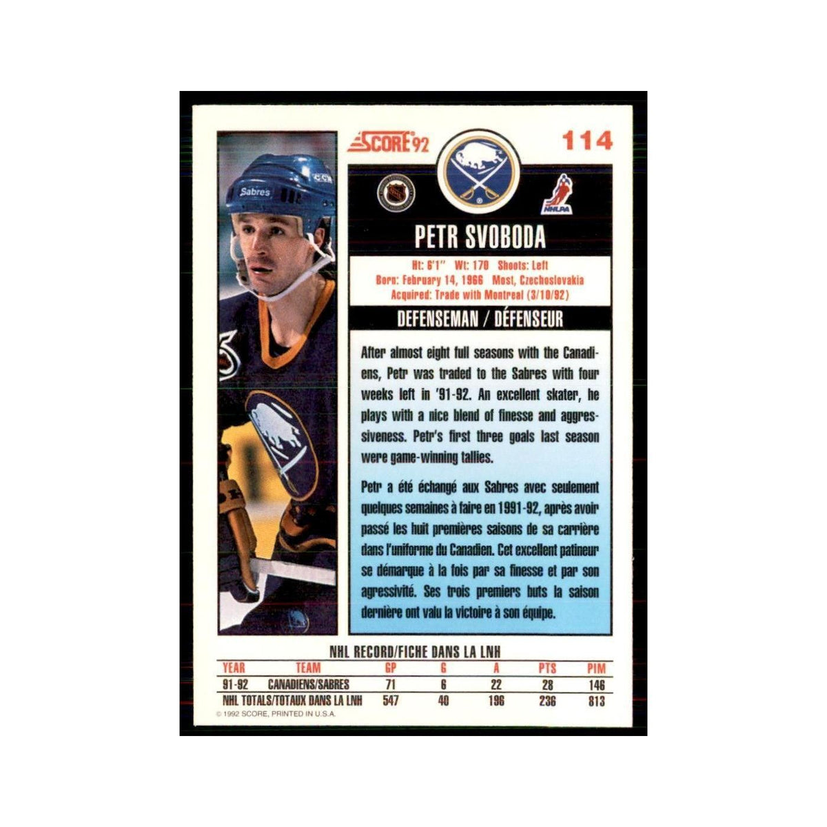 1992 Score Canadian Petr Svoboda Buffalo Sabres #114