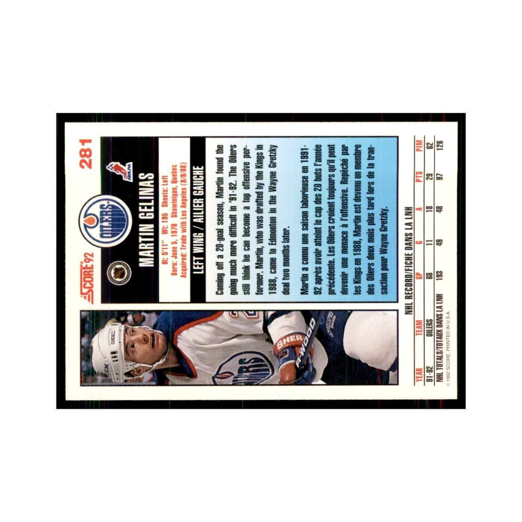 1992 Score Canadian Martin Gelinas Edmonton Oilers #281