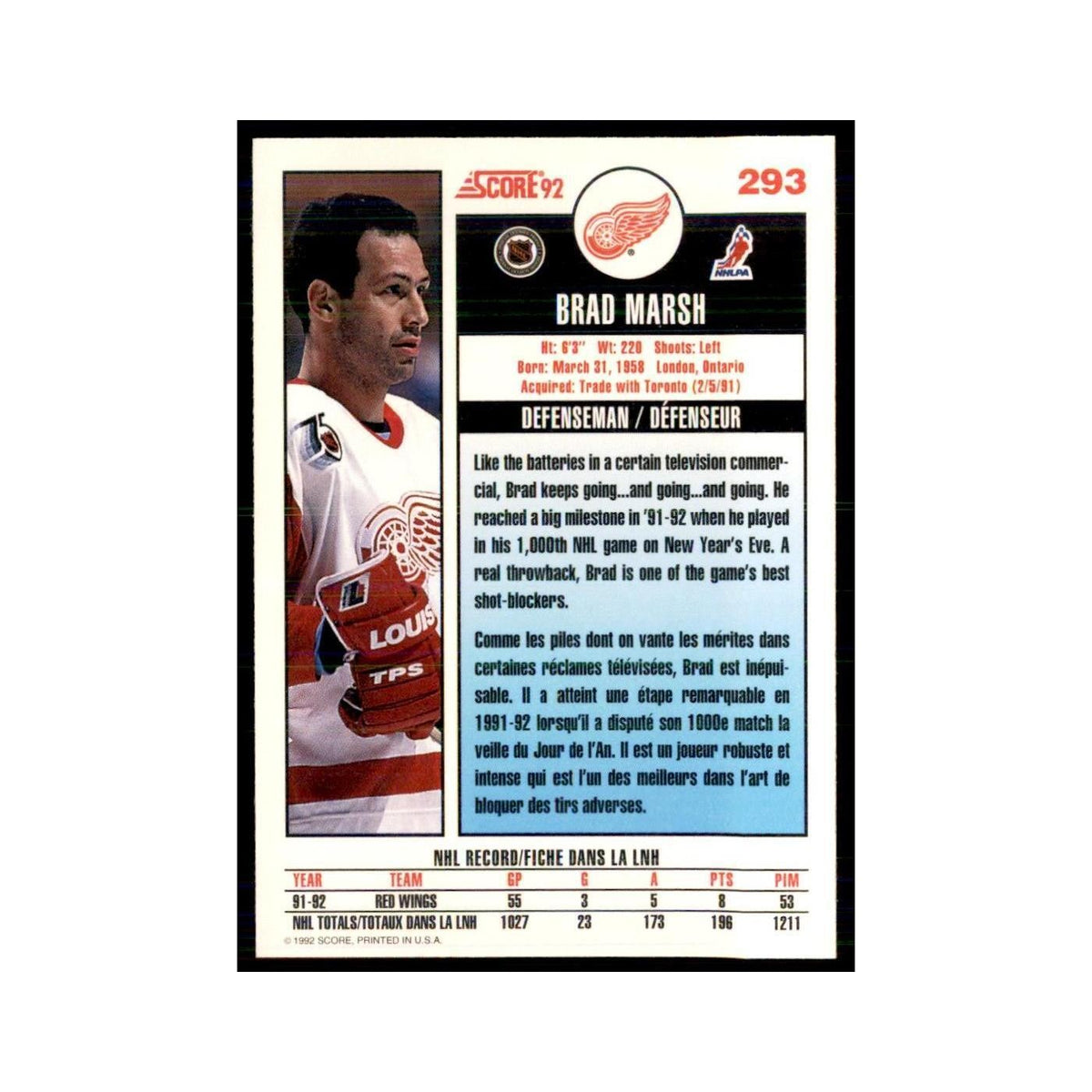 1992 Score Canadian Brad Marsh Detroit Red Wings #293
