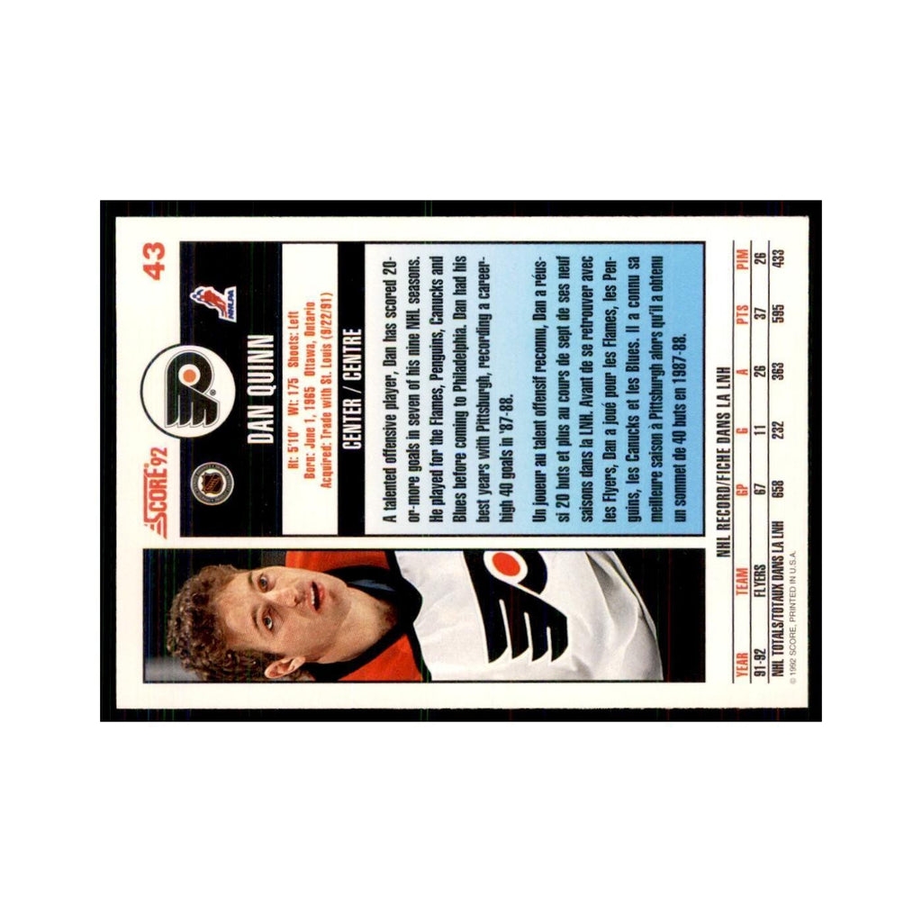 1992 Score Canadian Dan Quinn Philadelphia Flyers #43
