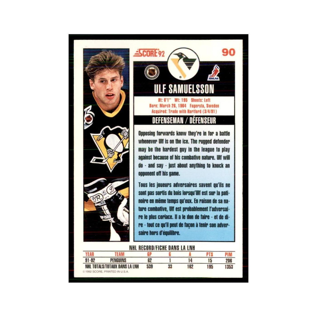 1992 Score Canadian Ulf Samuelsson Pittsburgh Penguins #90