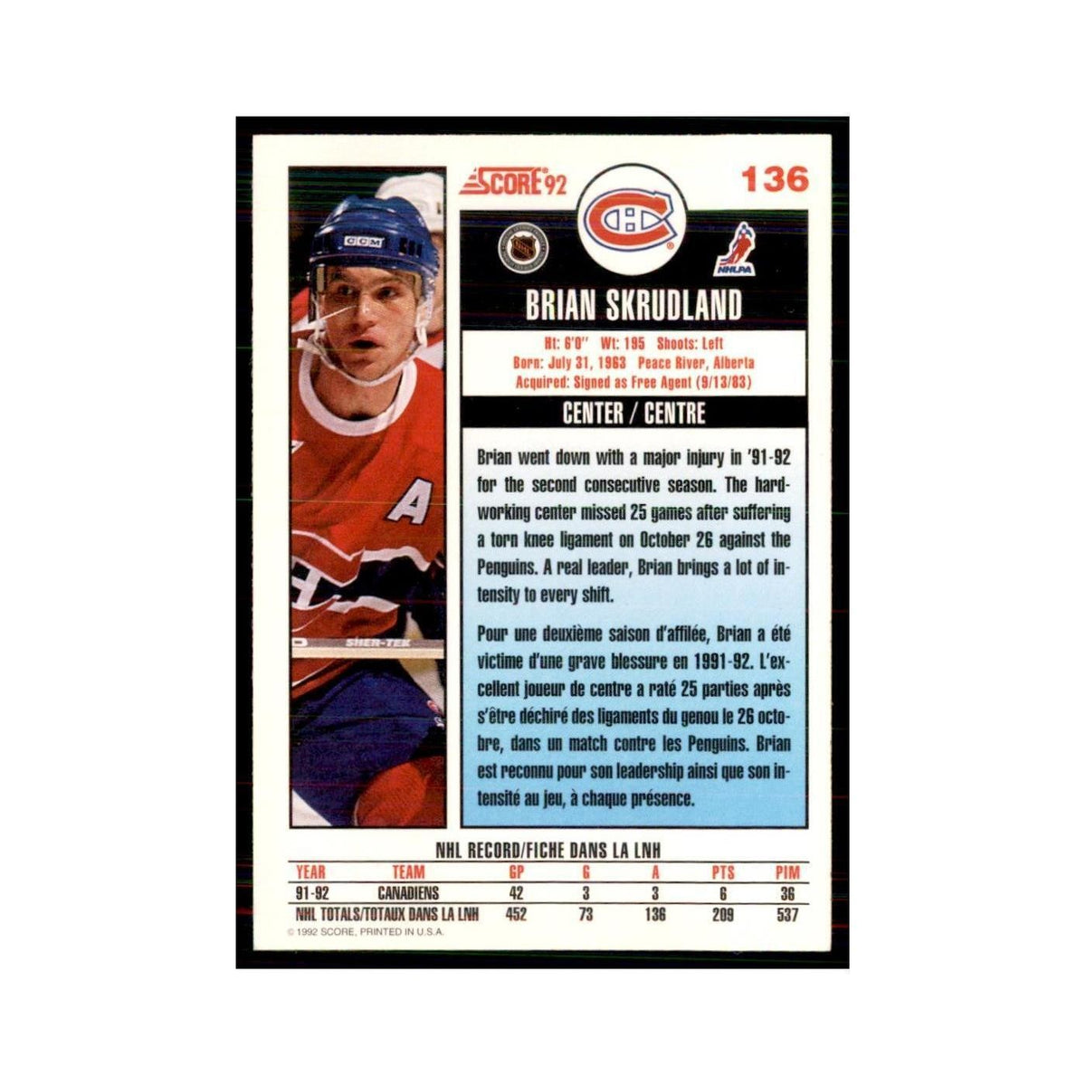1992 Score Canadian Brian Skrudland Montreal Canadiens #136