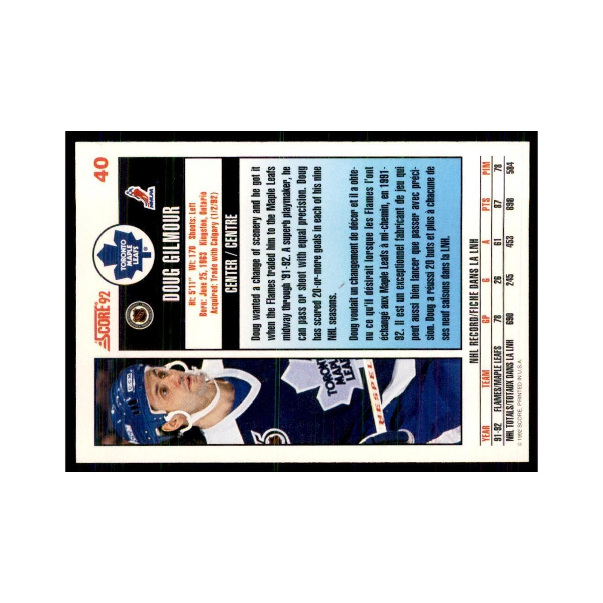 1992 Score Canadian Doug Gilmour Toronto Maple Leafs #40