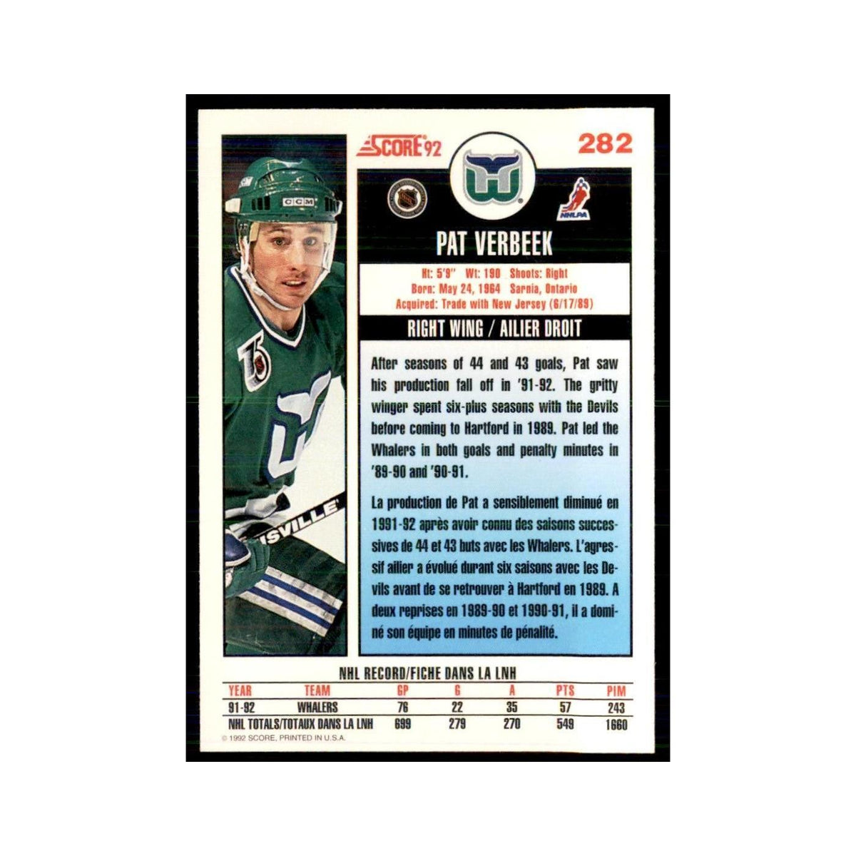 1992 Score Canadian Pat Verbeek Hartford Whalers #282