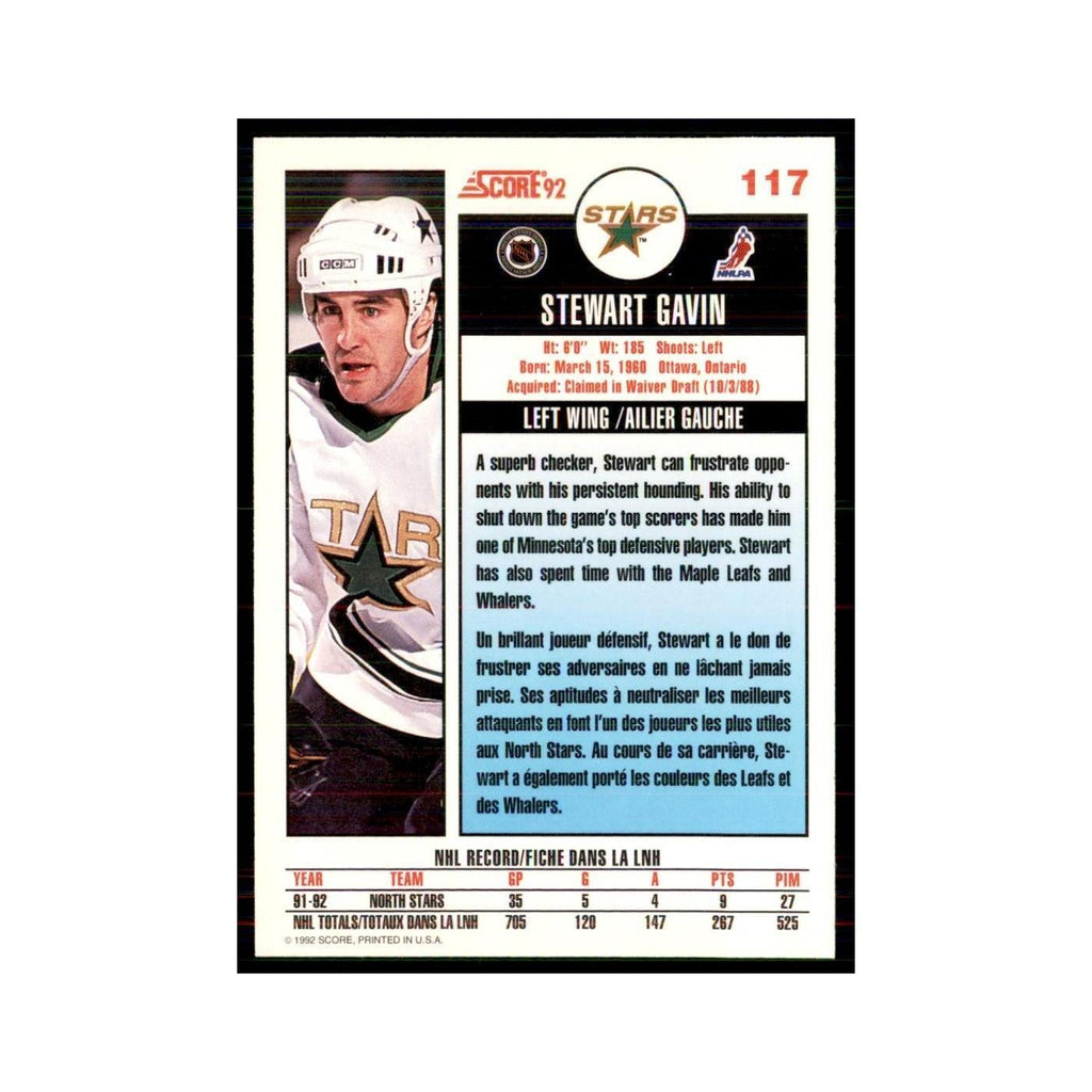1992 Score Canadian Stewart Gavin Minnesota North Stars #117