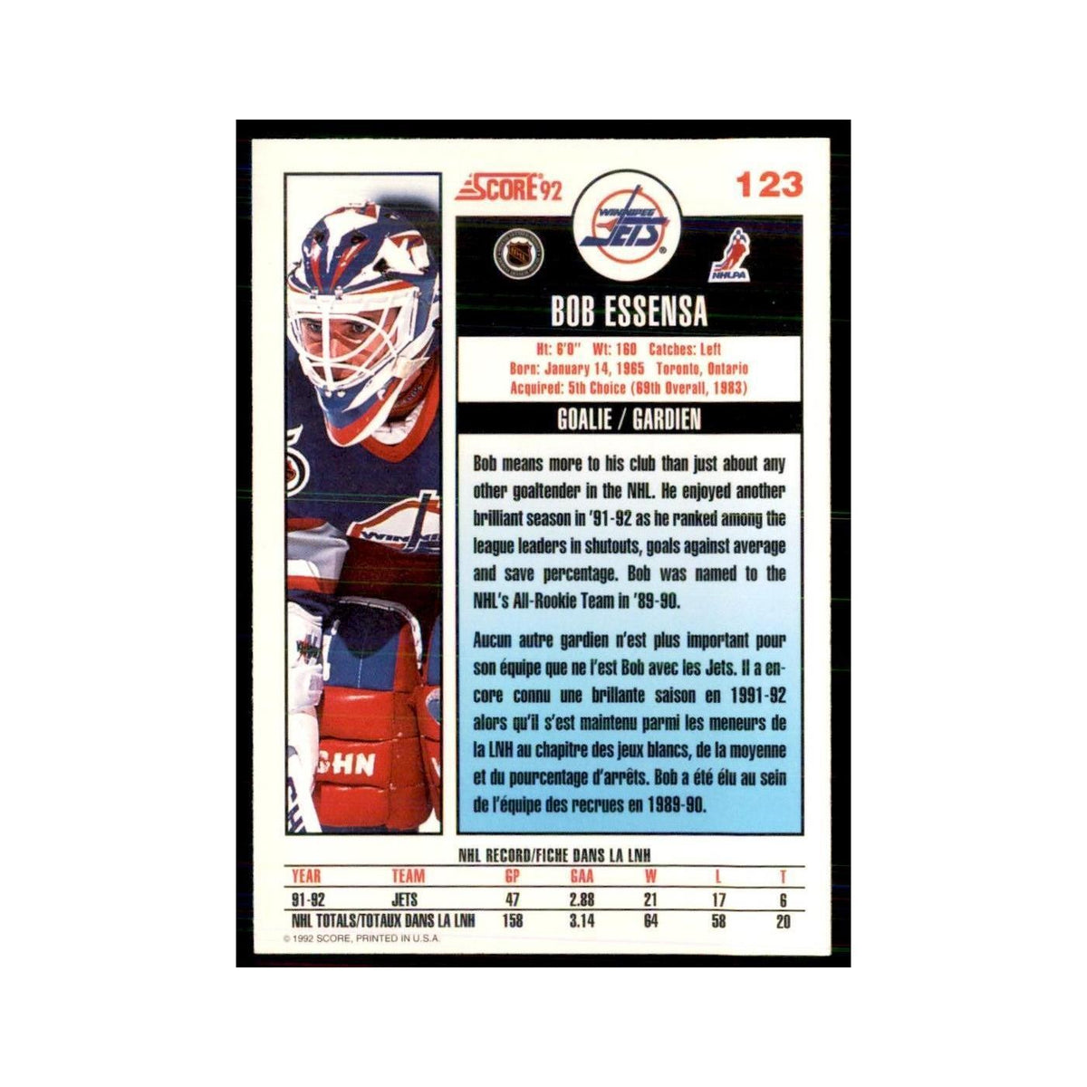 1992 Score Canadian Bob Essensa Winnipeg Jets #123