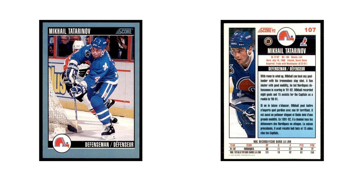1992 Score Canadian Mikhail Tatarinov Quebec Nordiques #107