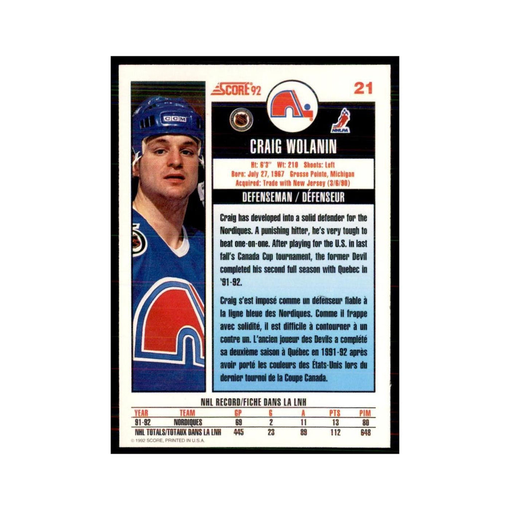 1992 Score Canadian Craig Wolanin Quebec Nordiques #21