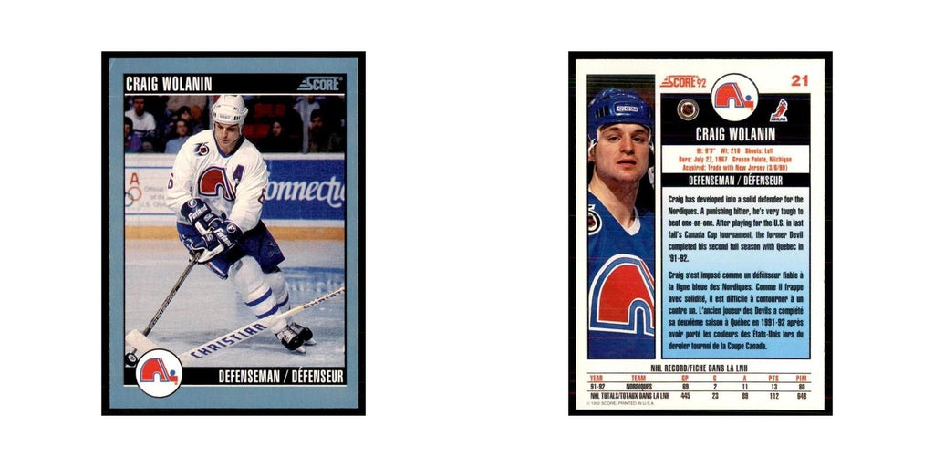 1992 Score Canadian Craig Wolanin Quebec Nordiques #21