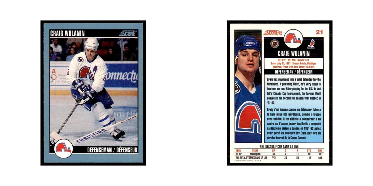 1992 Score Canadian Craig Wolanin Quebec Nordiques #21
