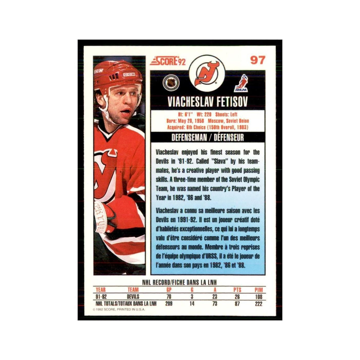 1992 Score Canadian Viacheslav Fetisov New Jersey Devils #97