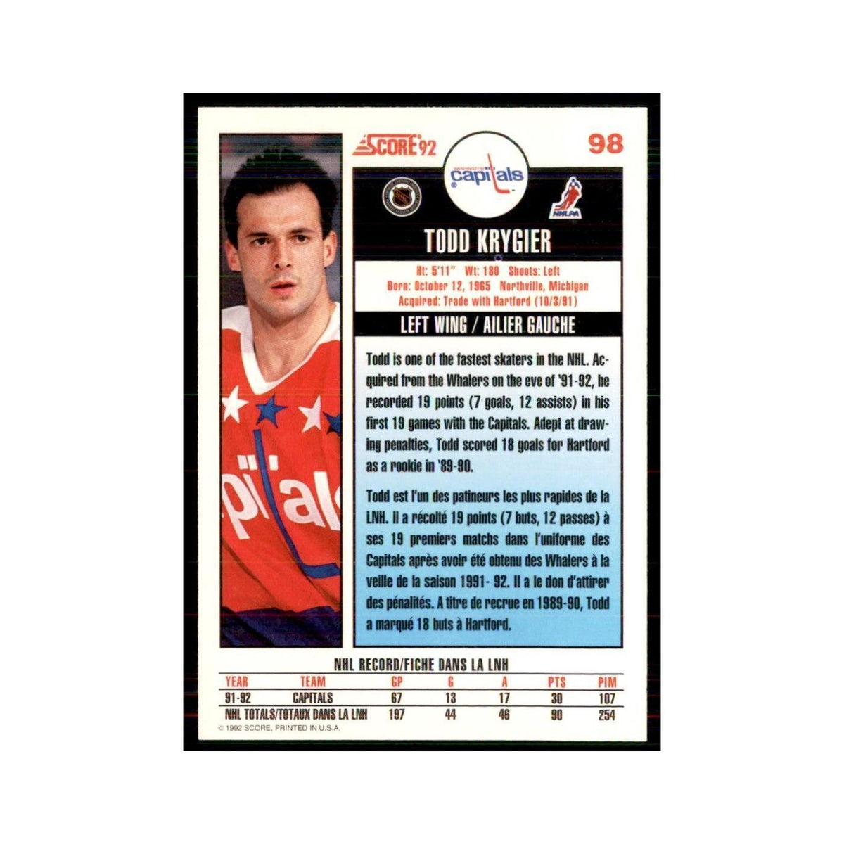1992 Score Canadian Todd Krygier Washington Capitals #98
