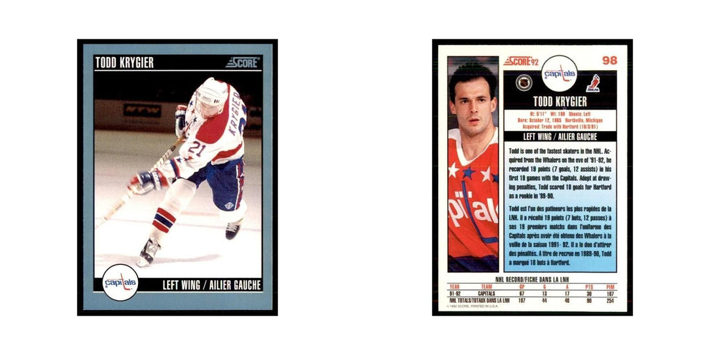 1992 Score Canadian Todd Krygier Washington Capitals #98