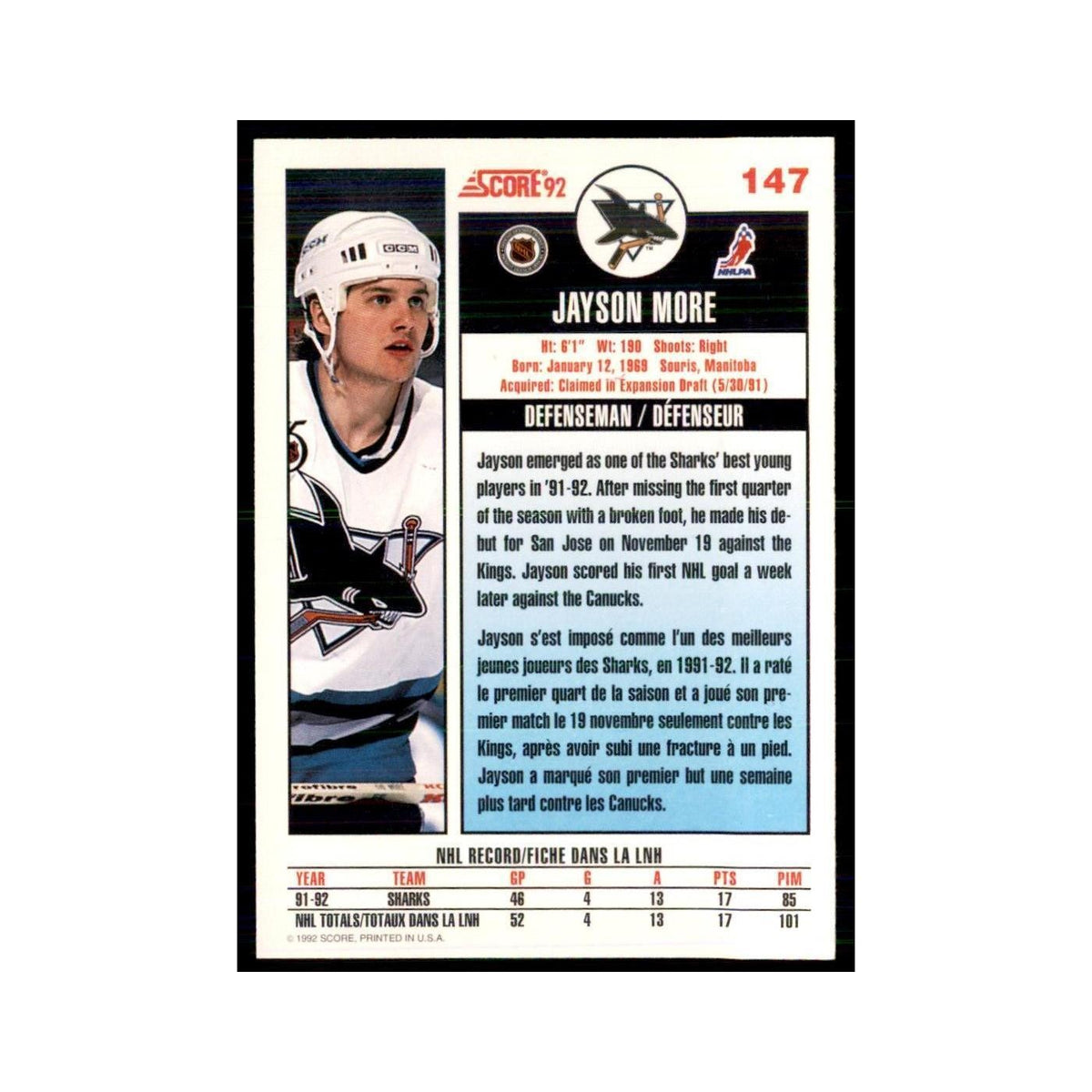 1992 Score Canadian Jayson More San Jose Sharks #147