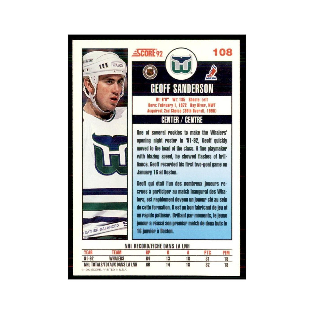 1992 Score Canadian Geoff Sanderson Hartford Whalers #108
