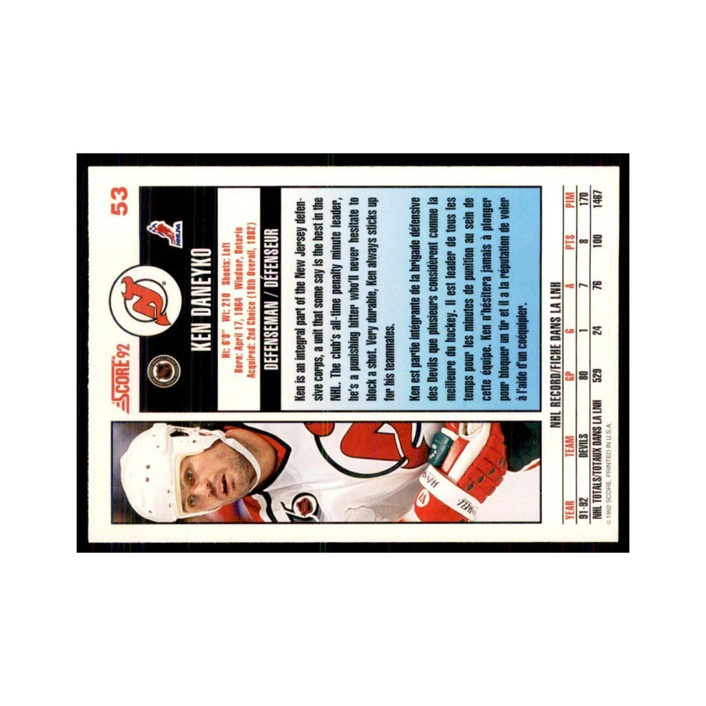 1992 Score Canadian Ken Daneyko New Jersey Devils #53