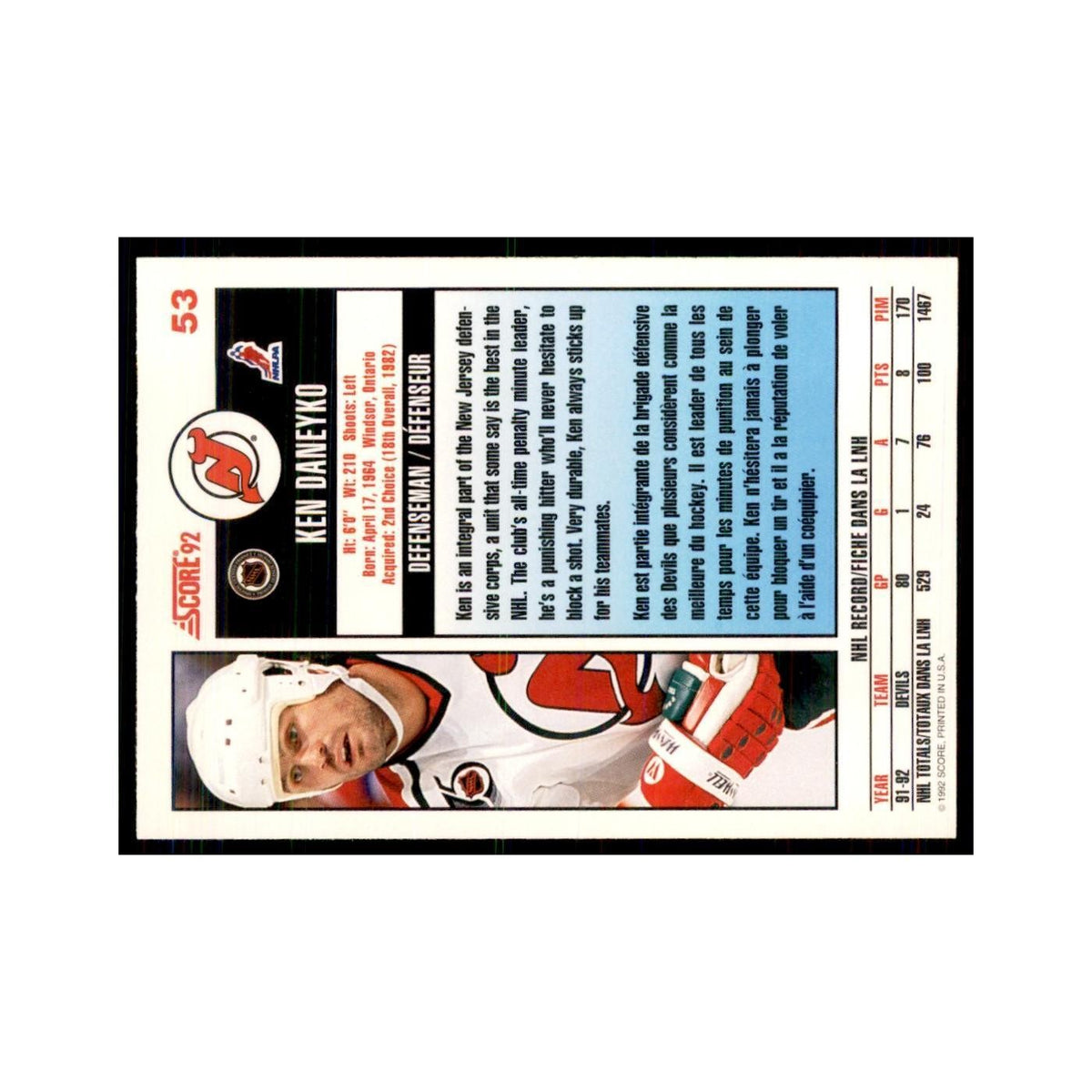 1992 Score Canadian Ken Daneyko New Jersey Devils #53