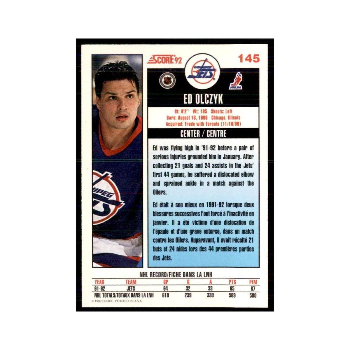 1992 Score Canadian Ed Olczyk Winnipeg Jets #145
